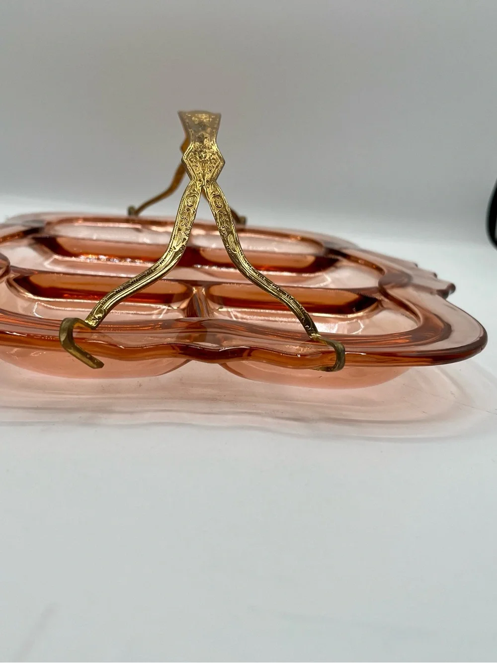 Vintage Pink Glass Divided Serving Tray with Handle from